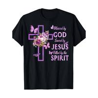 Blessed by God Saved by Jesus Purple Floral Cross Christian 220G 100% Cotton T-Shirt