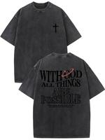 Men’s vintage washed cotton T-shirt with the design ‘With God all things are possible’ from Matthew 26:41, loose fit short-sleeve shirt, black with white lettering, casual attire, high-quality fabric