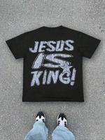 Men’s Jesus Is King Letter Print Short Sleeve Tee, Loose Casual Comfy T-shirt for Summer, Men’s Top for Daily Wear, Tropical Menswear Distressed Tshirt Streetwear