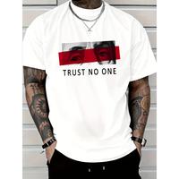 Customizable Men’s Cotton T-Shirt – TRUST NO ONE Pattern Design, Black Casual Short Sleeve T-Shirt with Red Stripes and Eye Illustration, Comfortable Multi-purpose Summer T-Shirt