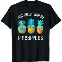 3 Pineapples Sunglasses Chillin Fun Hawaiian Tropical Summer T-Shirt Men’s Graphic Tee Crewneck Graphic Printed Unisex Cotton T-shirt for Men Fashion Men’s Top for Daily Wear Made in USA