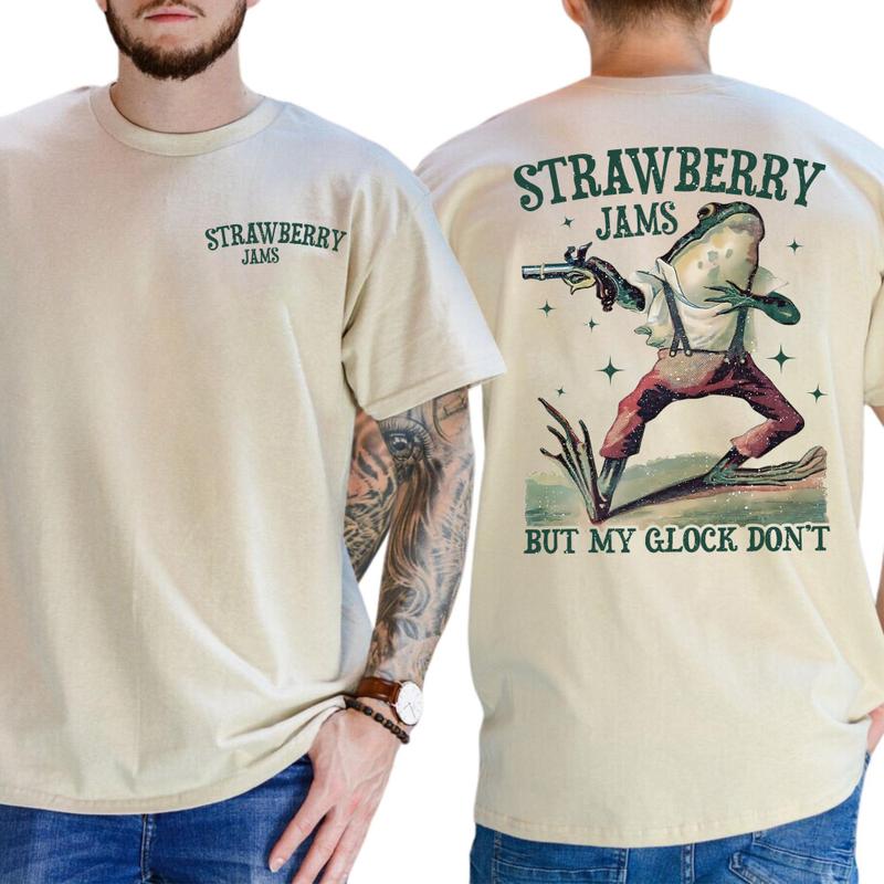 2 Side-Strawberry Jams But My Glock Don’t Vintage Graphic T-Shirt – Retro Boho Frog Tee Classic Cotton Menswear Top Collar