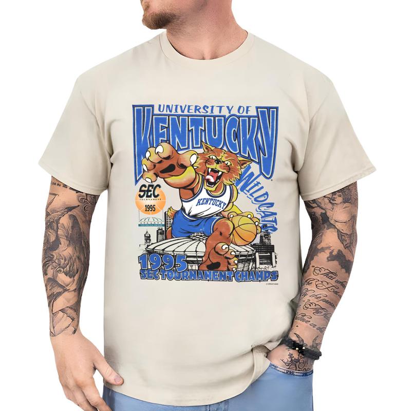 Vintage 1995 Kentucky Wildcats T-Shirt Fitted Classic Cotton Menswear Top Collar Green Grey Love
