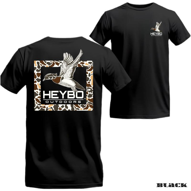 Heybo Outdoors Camo Duck T-Shirt , Flying Mallard Graphic with Camouflage Background , Short Sleeve Hunting Tee for Waterfowl Hunters , Comfortable Fit for Hunters Menswear Top Sport Classic Fabri