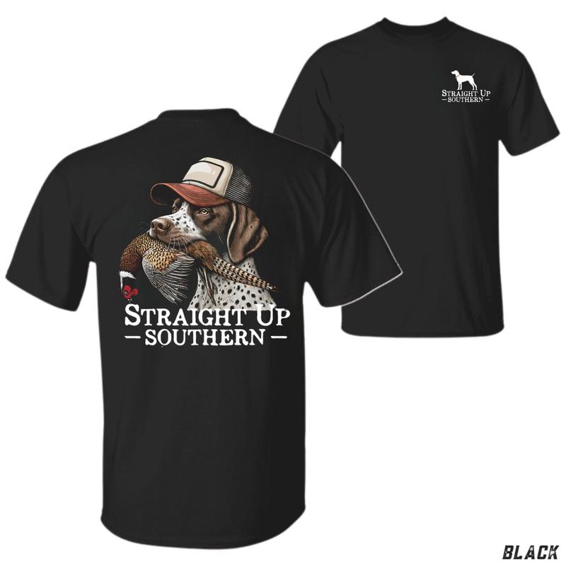 Dog With Pheasant German Shorthaired Pointer in Trucker Cap Shirt, pheasant hunter shirt, retro outdoorsman tee, german pointer design, cotton casual wear, streetwear, Shortsleeve, Top Man, Operator, southern pride