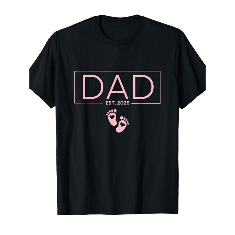 Dad T-Shirt – First-Time Father Gift, Black Cotton Tee with Pink Footprint Design, Machine Washable, All-Season Comfort, Round Neck Short Sleeve Casual Shirt for Men, Gifts for Dad, Celebratory Design,