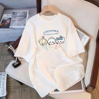 Chiikawa Cartoon Print 100% Cotton Short Sleeve Round Neck Women’s T-shirt Trendy Summer Cute Loose Fashion Women’s T-shirt Top Womenswear