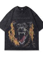 EWHA America Europe and America high street Devine Dog direct spray printed washed short sleeve T-shirt men’s women’s extra large half sleeve DG004-Washed cotton men’s T-shirt 230g