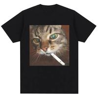 Funny Smoking Cigarette Cat Meme Graphic T-Shirt Men Women Fashion Vintage T-shirts Loose Pure Cotton Casual T Shirt Streetwear