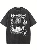 Japanese comic T-shirt Death Note pattern vintage washed high-quality cotton men’s round neck short sleeve T-shirt, casual T-shirt, off-shoulder sleeves casual comfortable lightweight summer top
