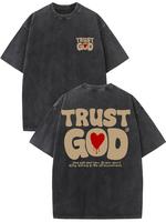 Trust in God vintage washed high quality cotton printed T-shirt men’s T-shirt old-style summer clothing dropped shoulder sleeves round neck short sleeve top