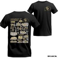 University of Colorado t-shirt, campus and sports icon collage graphic with Buffaloes logo on front and back, casual unisex tee, perfect for students, alumni, college football fans, back to school style, t-shirt