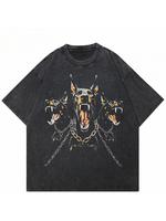Men’s vintage washed cotton T-shirt 230 grams, 2024 vintage washed black T-shirt, street style pattern Doberman Labrador T-shirt, cotton fashion