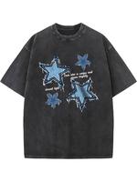 Men’s vintage acid washed T-shirt – Large size, loose fit, short sleeves casual streetwear, with blue star pattern, ‘Lucky Star’ pattern and ‘Like You’ design, black cotton T-shirt, suitable for casual attire, all season clothing