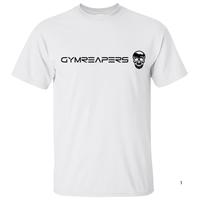 Gymreapers logo t-shirt, with bold skull emblem, minimal black print on clean white tee, athletic unisex fit, perfect for gym wear, bodybuilding fans, training outfit, daily fitness apparel