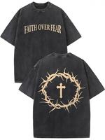 Faith over fear vintage washed high quality cotton printed T-shirt men’s T-shirt old summer clothing dropped shoulder sleeves round neck short sleeve top