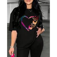 Women’s Butterfly & Heart Print Drop Shoulder Tee, Fashion Casual Round Neck Half Sleeve T-Shirt for Daily Wear, Ladies Clothes for All Seasons, Womenswear