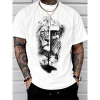 Men’s Lion & Jesus Print Round Neck Tee, Regular Fit Casual Short Sleeve Crew Neck T-Shirt for Summer, Fashion Men’s Top for Daily Wear, Going Out Tops