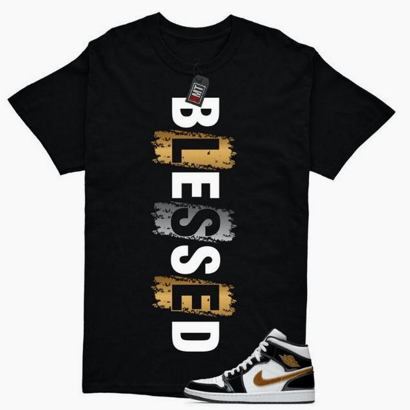 Jordan 1 Metallic Gold Patent Black White Match T-Shirt, Blessed Tee Match Mid Patent Black Metallic Gold Unisex Streetwear, Unisex Cotton Graphic Shirt