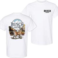 Rustic Busch Light T-shirt, Bold Hunting and Nature Graphic, Perfect for Beer Fans and Outdoor Adventures, Menswear Top, Full Color, For Him, For Her