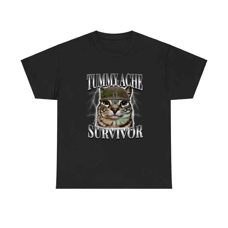 Tummy Ache Survivor T-Shirt – Funny Cat Meme Streetwear Tee for Men, Vintage Crewneck Shortsleeve Graphic Top, Casual Humor Apparel Gift