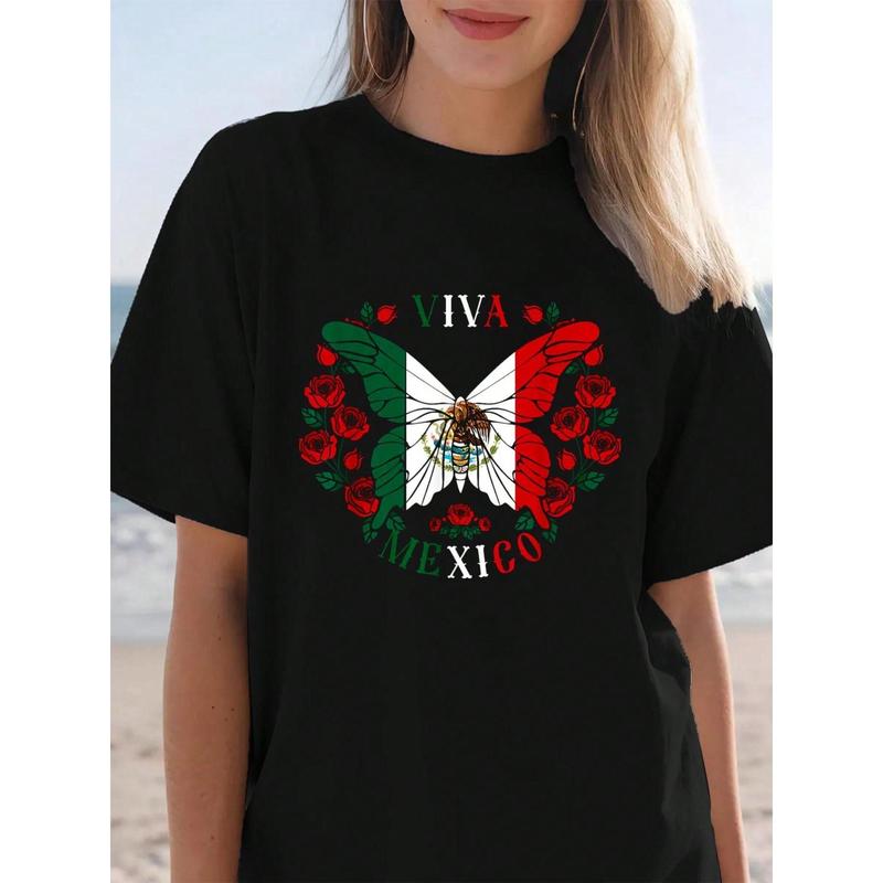 100% Cotton Summer Clothes Viva Mexico Butterfly Rose, Women, Men Mexican Independence T-Shirt Summer Outfits For Women