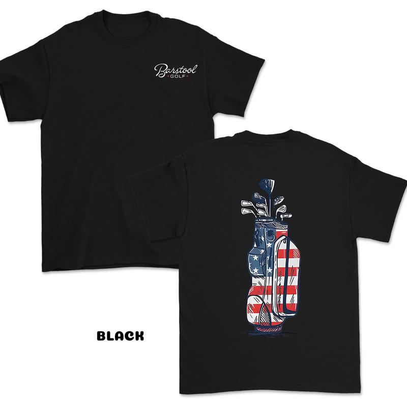 Barstool Golf Graphic Tees for Men & Women, Breathable Cotton Apparel, Golf Bag with American Flag Design, Trendy Casual Gift for Golf Lovers
