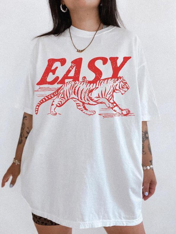 Comfort Colors Easy Tiger T-shirt – Casual Crew Neck, Long Sleeve, Graphic Design, Available in Multiple Colors, Suitable for Men & Women – Top