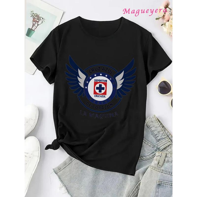 MGY Women’S Soft 100% Cotton Loosefit T-shirt With Cruz Azul Fun Design Pattern, Football Fans Shirt, Fashionable Short Sleeve Crew Neck Tee, Machine Washable, Casual Perfect for All Seasons