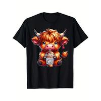 Cotton Funny Casual T-Shirt – Scottish Cute Highland Cow Hairy Cattle Design – Soft, Breathable, Rich Patterns, Halloween Christmas DIY Fabric Menswear Graphic Graphic Tees